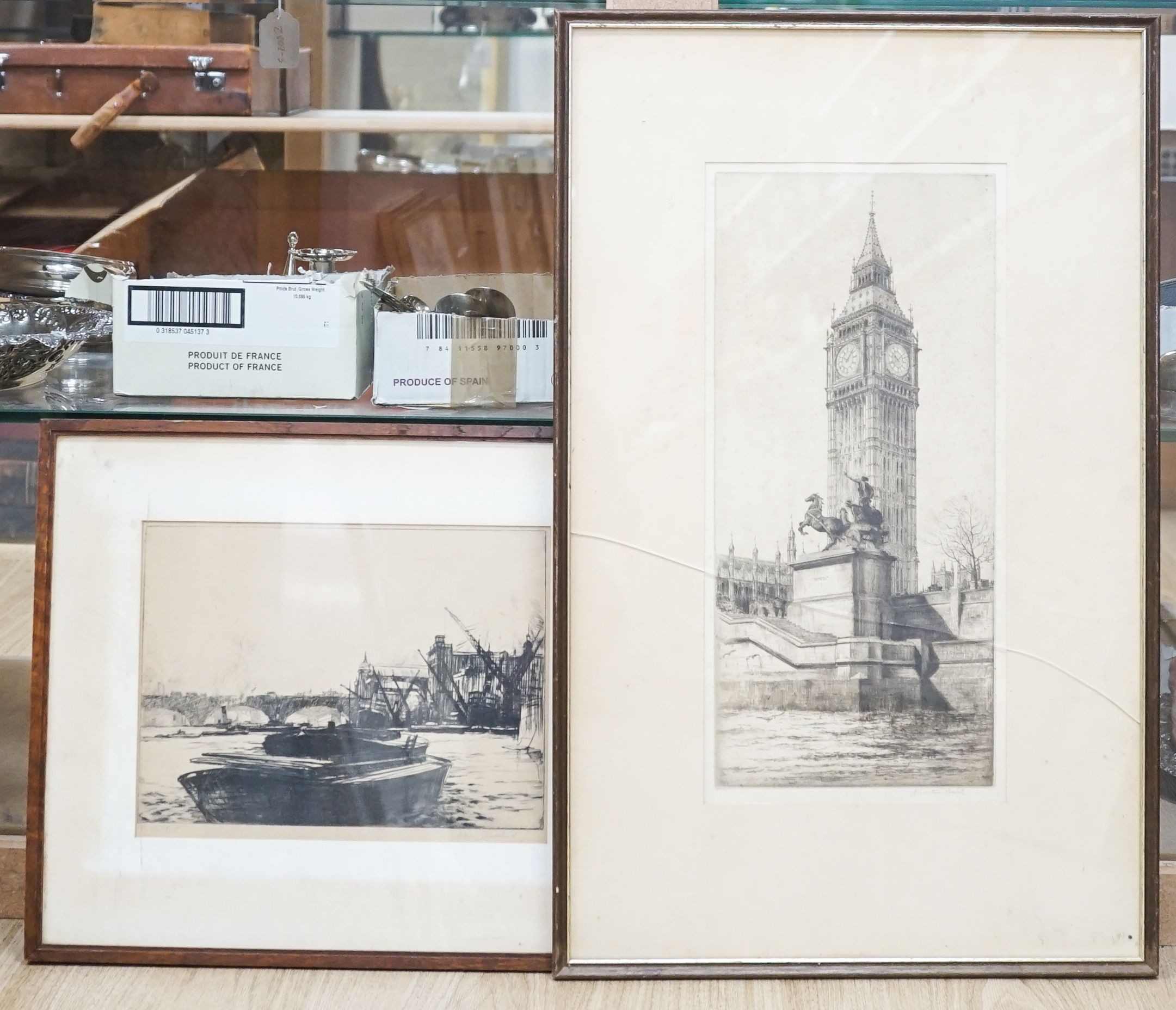 Johnstone Baird (1880-1935), etching, View of Big Ben, signed, 44 x 20cm and a John Goodchild etching, Along the Thames, 22 x 29cm